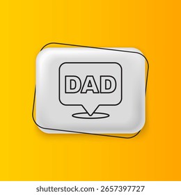 Icono negro del papá de la burbuja del discurso aislado en fondo amarillo. Feliz día del padre. Botón rectángulo plateado. Vector