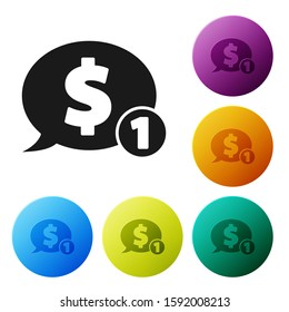 Black Speech bubble with dollar icon isolated on white background. Badge for price. Sale with dollar symbol. Promo tag discount. Set icons colorful circle buttons. Vector Illustration