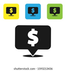 Black Speech bubble with dollar icon isolated on white background. Badge for price. Sale with dollar symbol. Promo tag discount. Set icons colorful square buttons. Vector Illustration