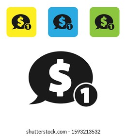 Black Speech bubble with dollar icon isolated on white background. Badge for price. Sale with dollar symbol. Promo tag discount. Set icons colorful square buttons. Vector Illustration