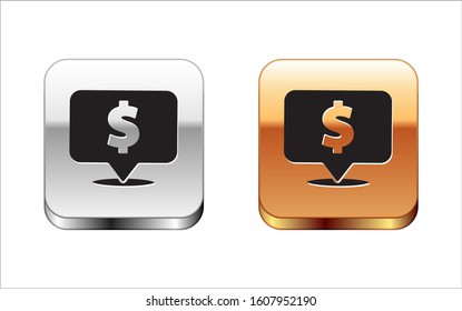 Black Speech bubble with dollar icon isolated on white background. Badge for price. Sale with dollar symbol. Promo tag discount. Silver-gold square button. Vector Illustration