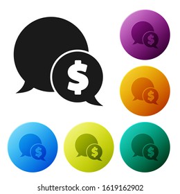 Black Speech bubble with dollar icon isolated on white background. Badge for price. Sale with dollar symbol. Promo tag discount. Set icons colorful circle buttons. Vector Illustration
