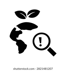 Black speech bubble with exclamation mark under magnifying glass and leaves icon