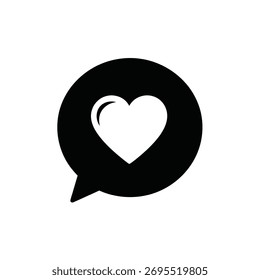 Black speech bubble icon containing a white heart symbol on a white background.