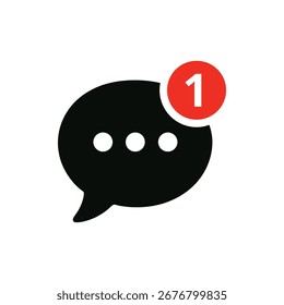 Icono negro de una burbuja de diálogo que indica un mensaje no leído, resaltado por un círculo rojo con el número uno, que significa una nueva notificación. Este gráfico se presenta sobre un fondo blanco limpio.