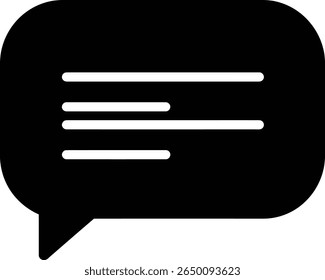 Icono negro de la burbuja del discurso con el texto para la comunicación aislado en el fondo blanco.