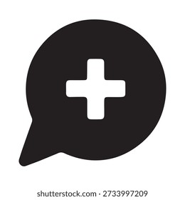 Un ícono negro de una burbuja del habla con un Iniciar sesión blanco más el centro, que representa la comunicación médica o agrega un nuevo tema de salud. Vector