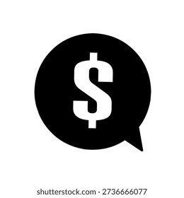 Black speech bubble icon with white dollar sign symbol for money, pricing, or finance concept
