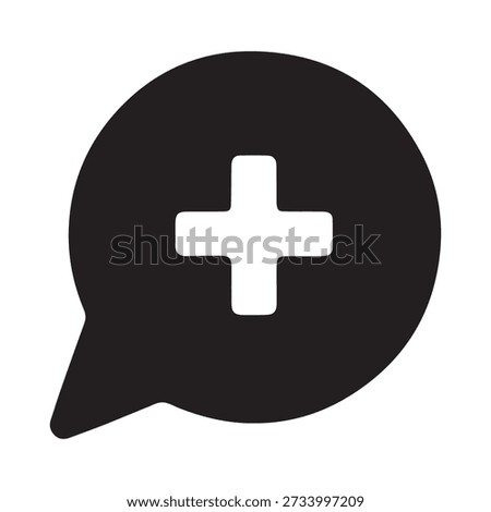 A black speech bubble icon with a white plus sign in the center, representing medical communication or adding a new health topic. Vector