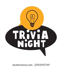Black speech bubble with light bulb. Trivia night. Hand drawn illustration on white background.