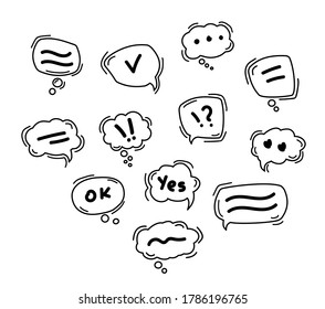 Black Speech bubble line icons. Hand drawn doodle. Dialog speech bubbles on white background. mobile technology, ok, yes, question and exclamation mark. Vector illustration. 