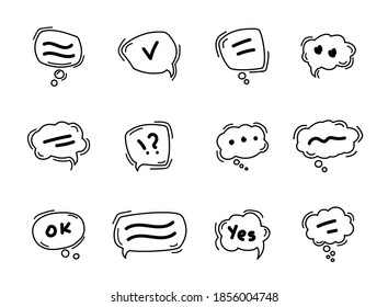 Blasen-Symbole der Black Speech-Linie. Handgezeichnetes Doodle. Dialogblasen auf weißem Hintergrund. mobile Technologie, ok, ja, Frage- und Ausrufezeichen. Vektorgrafik. 