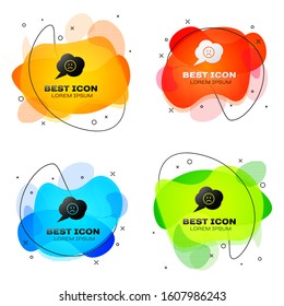 Black Speech bubble with sad smile icon isolated on white background. Emoticon face. Set abstract banner with liquid shapes. Vector Illustration