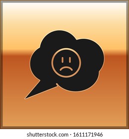 Black Speech bubble with sad smile icon isolated on gold background. Emoticon face.  Vector Illustration