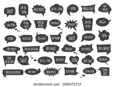 Black speech bubble with sale phrases - cartoon comic bubbles and clouds of various shapes with speech phrases, conversation text and words for promotion and advertising.