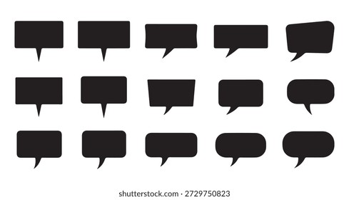 Conjunto de Coleção de Silhuetas de Bolha de Fala Preta de 15 Caixas de Bate-papo de Vetor Plano, Nuvens de Mensagens e Ícones de Comunicação para Design de Quadrinhos, Interface do Usuário da Web e Modelos Infográficos