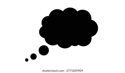 A black speech bubble silhouette with three dots, resembling a thought cloud icon, is isolated on a white background. This graphic is a simple, flat vector illustration.