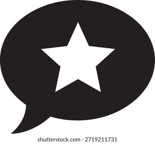 Silueta negra de la burbuja del discurso con una estrella blanca dentro aislada en el símbolo blanco del fondo para el mensaje favorito y el Comentarios positivo