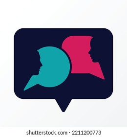Black speech bubble silhouettes isolated on white background. Male and female head silhouettes conversation online