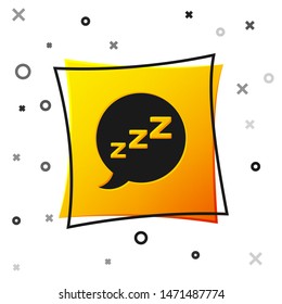 Black Speech bubble with snoring icon isolated on white background. Concept of sleeping, insomnia, alarm clock app, deep sleep, awakening. Yellow square button. Vector Illustration