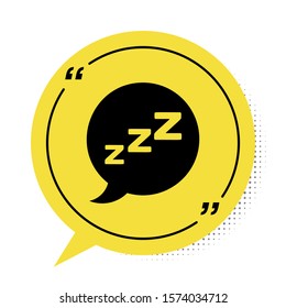 Black Speech bubble with snoring icon isolated on white background. Concept of sleeping, insomnia, alarm clock app, deep sleep, awakening. Yellow speech bubble symbol. Vector Illustration