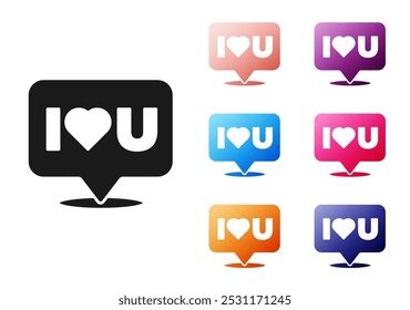 Black Speech bubble with text I love you icon isolated on white background. Valentines day. Set icons colorful. Vector