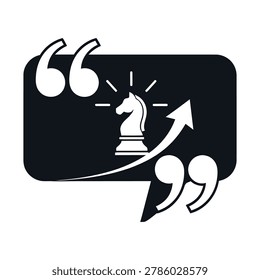 A black speech bubble with a white chess knight, a lightbulb, and an upward arrow, framed by large quotation marks, symbolizing strategic communication and innovative ideas.