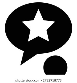 Una burbuja negra con una estrella blanca dentro y un punto Pequeño cerca, que representa el Comentarios, la opinión o un comentario positivo.