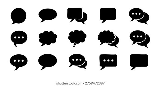 Black speech bubbles are arranged in rows on white background, Various speech bubbles are presented in a visually appealing arrangement on a plain background for communication purposes.