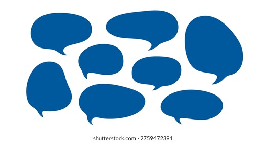 Black speech bubbles are arranged in rows on white background, Various speech bubbles are presented in a visually appealing arrangement on a plain background for communication purposes.