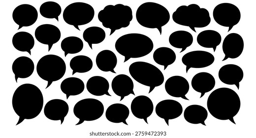 Black speech bubbles are arranged in rows on white background, Various speech bubbles are presented in a visually appealing arrangement on a plain background for communication purposes.