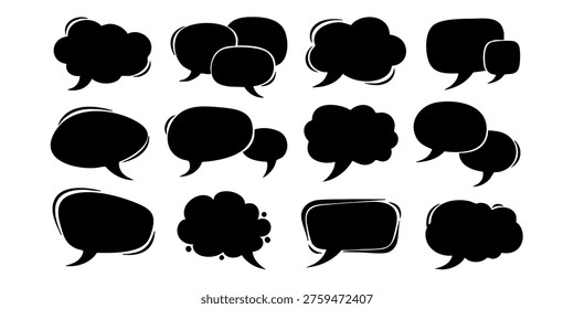 Black speech bubbles are arranged in rows on white background, Various speech bubbles are presented in a visually appealing arrangement on a plain background for communication purposes.
