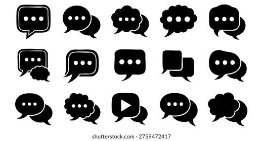 Black speech bubbles are arranged in rows on white background, Various speech bubbles are presented in a visually appealing arrangement on a plain background for communication purposes.