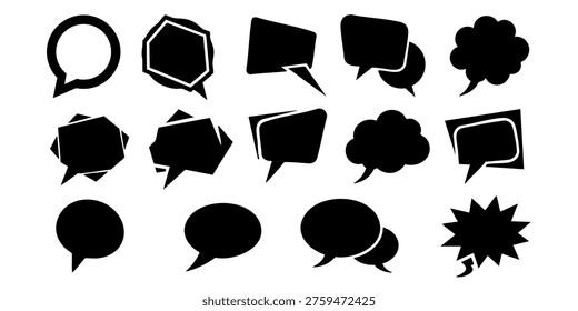 Black speech bubbles are arranged in rows on white background, Various speech bubbles are presented in a visually appealing arrangement on a plain background for communication purposes.