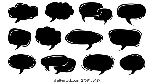 Black speech bubbles are arranged in rows on white background, Various speech bubbles are presented in a visually appealing arrangement on a plain background for communication purposes.
