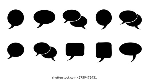 Black speech bubbles are arranged in rows on white background, Various speech bubbles are presented in a visually appealing arrangement on a plain background for communication purposes.
