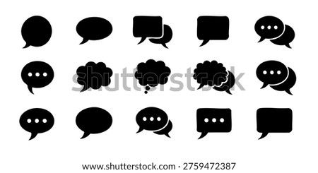 Black speech bubbles are arranged in rows on white background, Various speech bubbles are presented in a visually appealing arrangement on a plain background for communication purposes.