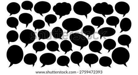 Black speech bubbles are arranged in rows on white background, Various speech bubbles are presented in a visually appealing arrangement on a plain background for communication purposes.