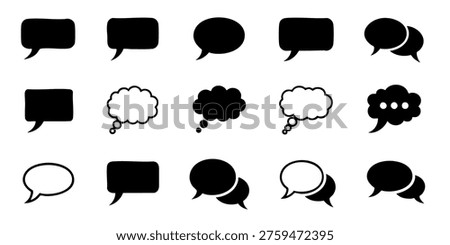 Black speech bubbles are arranged in rows on white background, Various speech bubbles are presented in a visually appealing arrangement on a plain background for communication purposes.