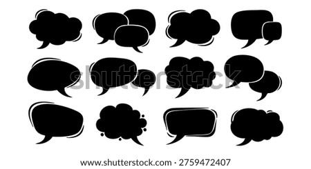 Black speech bubbles are arranged in rows on white background, Various speech bubbles are presented in a visually appealing arrangement on a plain background for communication purposes.