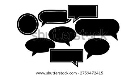 Black speech bubbles are arranged in rows on white background, Various speech bubbles are presented in a visually appealing arrangement on a plain background for communication purposes.