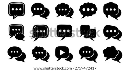 Black speech bubbles are arranged in rows on white background, Various speech bubbles are presented in a visually appealing arrangement on a plain background for communication purposes.