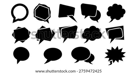 Black speech bubbles are arranged in rows on white background, Various speech bubbles are presented in a visually appealing arrangement on a plain background for communication purposes.