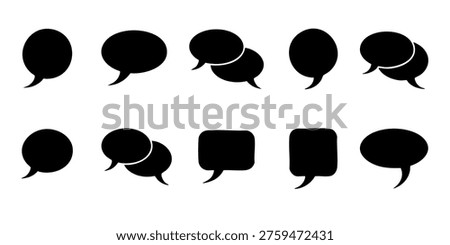 Black speech bubbles are arranged in rows on white background, Various speech bubbles are presented in a visually appealing arrangement on a plain background for communication purposes.
