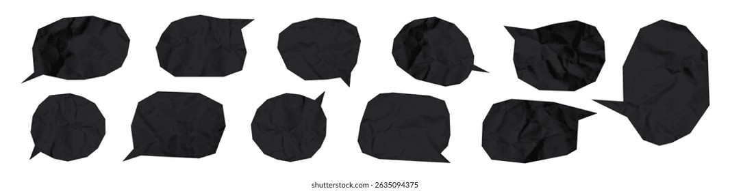 Black speech bubbles cut out of crumpled paper trendy elements set. Social media clip art, modern retro vector illustration for mixed media design isolated on transparent background