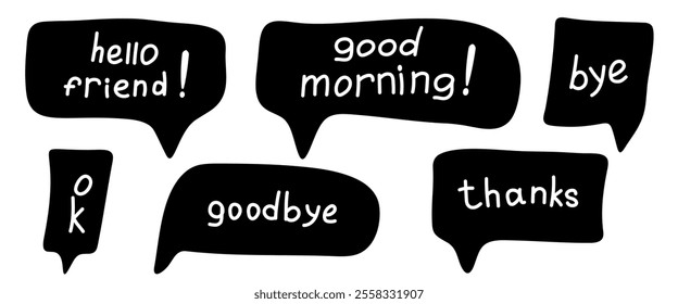 Black speech bubbles with hand drawn words and hand written words