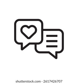 Black Speech Bubbles Icon with Heart Symbol and Text Lines Representing Messaging, Communication, and Social Media Engagement Editable Vector Illustration Isolated on a White Background
