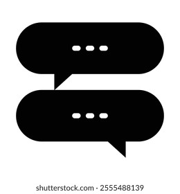 Black speech bubbles, minimalist design, communication icon, dialogue symbol, flat graphic, symmetrical composition, three dots ellipsis, white on black, conversation illustration. Chatroom Texts