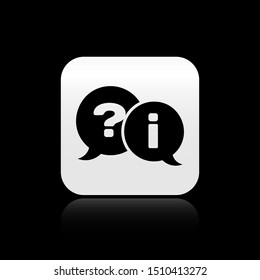 Black Speech bubbles with Question and Exclamation icon isolated on black background. FAQ sign. Copy files, chat speech bubble and chart. Silver square button. Vector Illustration