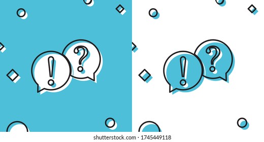 Burbujas de Black Speech con el icono Preguntas y signos de exclamación sobre fondo azul y blanco. Signo de FAQ. Copiar archivos, burbuja de voz de chat e iconos web de gráficos. Formas dinámicas aleatorias. Ilustración vectorial